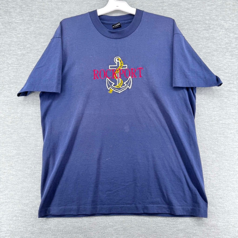 Vintage Rockport T-Shirt Mens XL Blue Anchor Graphic Short Sleeve Crew Neck
